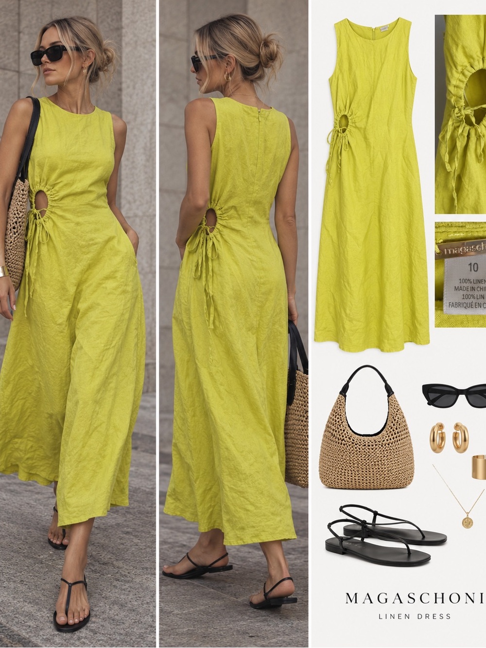 Magaschoni 100% Linen Chartreuse Cutout Midi Dress Size 10